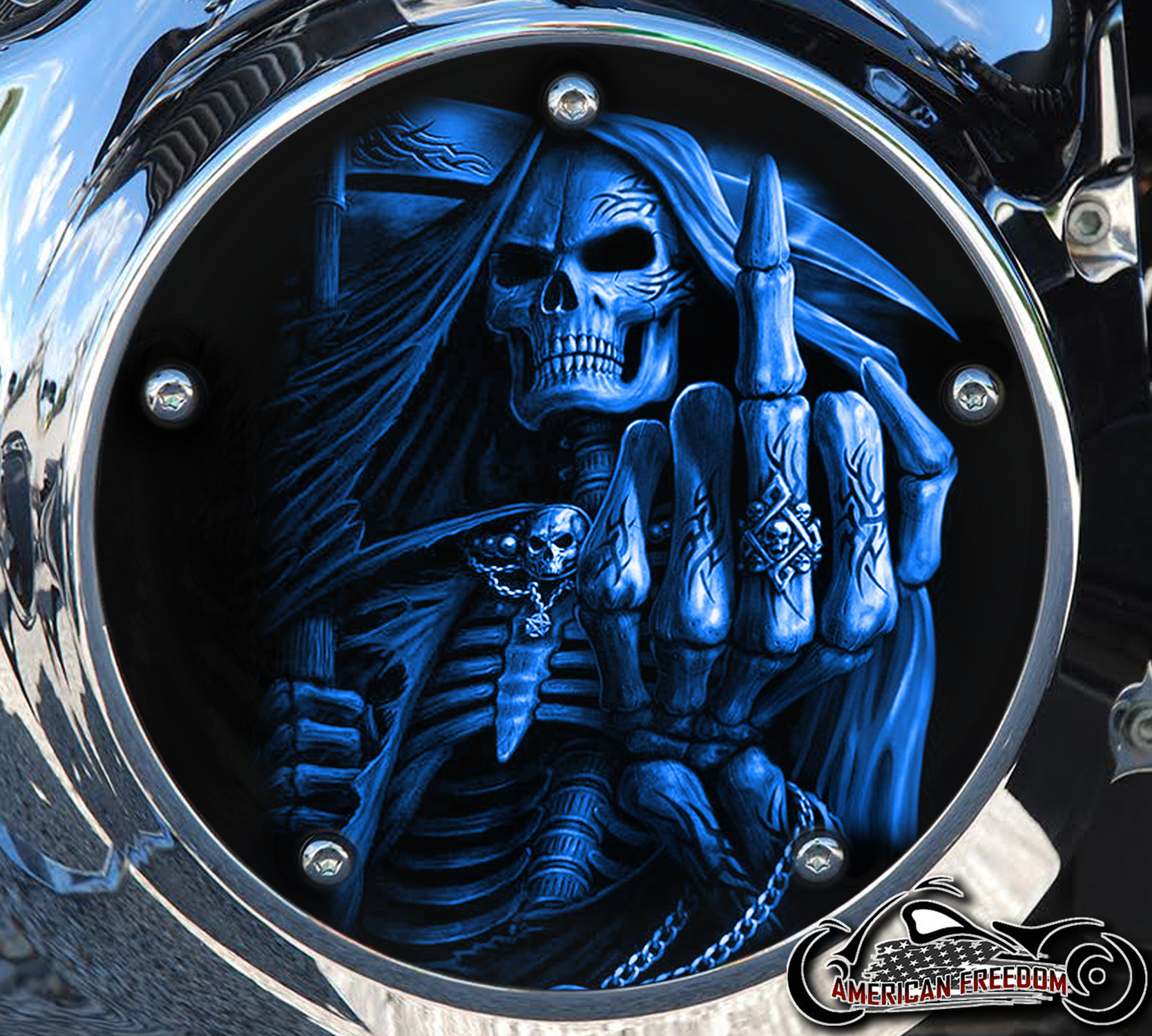 Custom Derby Cover - Middle Finger Reaper blue